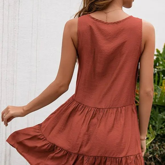 Rust Tassel Crochet Boho Mini Dress – Sleeveless Festival Sundress - Picture 5 of 5